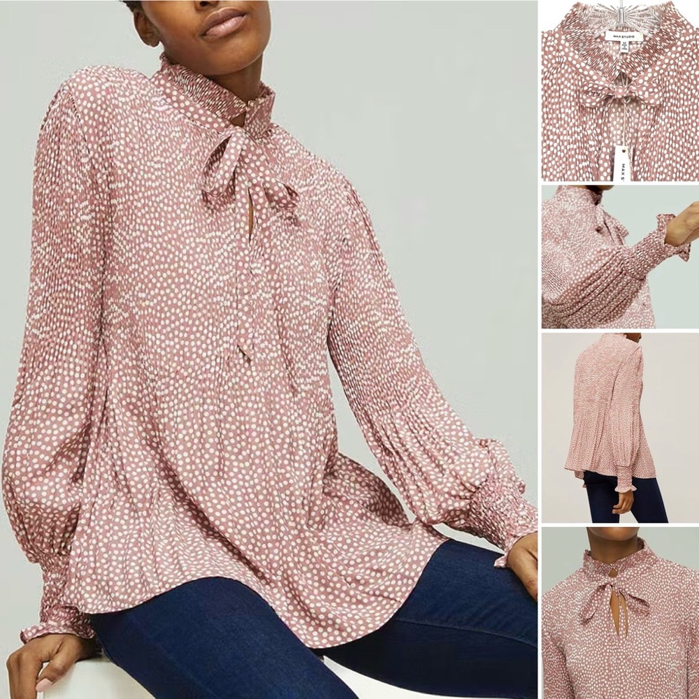 Max Studio Pleated Satin Blouse Polka Dot Tie Mock Neck Long Sleeve Smoc…